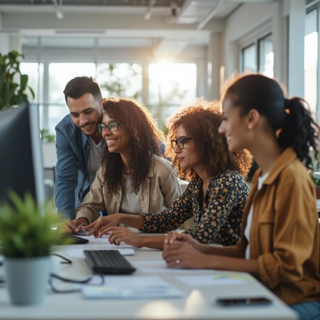 Team members collaborating in office